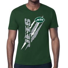 Channel retro vibes and show off your New York Jets pride with the Starter Color Scratch T-Shirt. This stylish tee features the New York Jets name and logo printed on coordinating slash marks down the front. Made from 100% ring-spun cotton, it offers a super soft feel that's sure to keep you comfortable all day. Green Tops With Logo Print For Fans, Green Tops With Logo Print For Fan Merchandise, Green Fan Apparel T-shirt With Logo Print, Green Fan Apparel T-shirt With Logo, Green T-shirt With Logo Print For Fans, Green Fan Merchandise T-shirt With Logo, Green Logo Print T-shirt For Fan Merchandise, Green T-shirt With Letter Print For Football Season, Green T-shirt With Letter Print For Fans