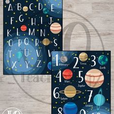 the solar system with numbers, planets and stars on it is shown in three different colors