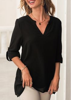 Color:Black;Size:S;Size:M;Size:L;Size:XL;Size:XXL;Washing Instructions:Hand Wash /Machine Washable;Decoration:Split Neck;Sleeve's Length:Long Sleeve;Pattern Type:Solid;Neckline:Split Neck;Clothing's Length:Long;Season:Spring;Color Scheme:Black;Occasion:Staycation;Package Contents:1 X Blouse;Composition:100%Polyester;Style:Casual; Versatile Black Blouse For Office, Versatile Black Blouse For Business Casual, Black Summer Blouse For Business Casual, Versatile Black Tops For Business Casual, Black Asymmetrical Hem Top For Work, Black Blouse For Office Wear In Summer, Black Casual Blouse For Business Casual, Black Tops For Office, Black Blouse With Asymmetrical Hem For Work