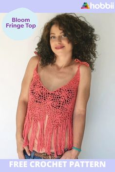 a woman wearing a pink top with fringes on it's shoulders and the words free crochet pattern below her