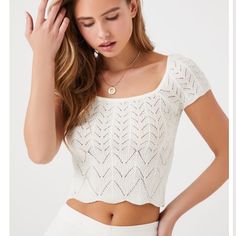 Cute Scallop Print Knit Top Trendy White Stretch Knit Top, Trendy White Knit Tops, Fitted White Soft Knit Top, Trendy White Summer Sweater, White Fitted Textured Knit Top, White Pointelle Knit Crop Top, White Knit Crop Top With Crew Neck, Trendy Fitted White Crochet Top, Trendy White Fitted Crochet Top