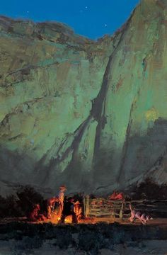 an oil painting of people sitting around a campfire in front of a mountain range