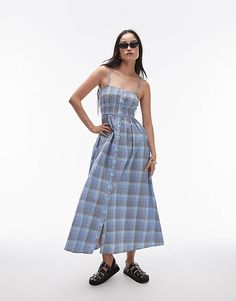 Topshop seersucker check shirred midi dress in blue check | ASOS Casual Plaid Midi Dress For Daywear, Casual Plaid Midi Length Dress, Summer Plaid Midi Dress For Daywear, Plaid Midi Dress For Summer Daywear, Casual Blue Plaid Dress For Daywear, Casual Summer Plaid Midi Dress, Casual Midi-length Plaid Dress For Day Out, Casual Plaid Midi-length Dress For Day Out, Casual Midi Length Plaid Dress For Day Out