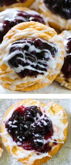 blueberry cheesecakes with icing and cream on top are ready to be eaten