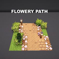 a screenshot of a flowery path with flowers in the middle and bushes on either side