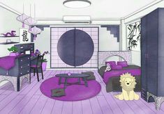 a drawing of a bedroom with purple walls and furniture, including a lion rug on the floor