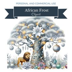 the african frost tree with lions and ornaments on it, surrounded by snowflakes