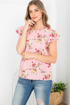 Womens Pink Floral Top, Ruffle Cap Sleeve Summer Blouse Tops MomMe and More Mom And Me Shirts, Trendy Caps, Pink Floral Top, Trendy Spring Outfits, Cap Sleeve Shirt, Perfect Leggings, Matching Mom, Womens Tops Summer, Summer Blouses