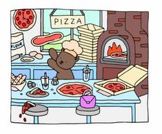 a cartoon bear sitting at a table with pizzas and other items in front of him