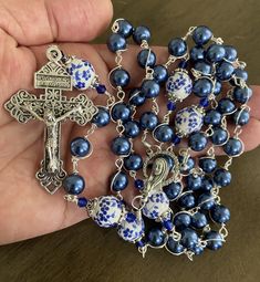 Blue Rosary With 8mm Beads And Crucifix, Blue Rosary With 8mm Beads In Cross Shape, Handmade Blue Rosary With Cross, Handmade Blue Rosary With Cross Shape, Beautiful Rosaries, Catholic Rosary, Rosary Catholic, Blue Beads, Rosary