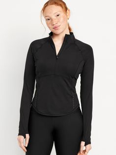 mock neck long sleeves thumbhole cuffs half-zip front curved hem go-dry wicks moisture fitted hits below waist models are approx.  5'9" and wear sizes s (4), l (12) and xl (18)machine wash according to the care instruction label Vacay Outfits, Old Navy Women, Workout Tshirts, Active Wear Tops, Petite Size, Wicks, Half Zip, Mock Neck, Life Hacks