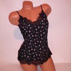 Victoria Secret Camisole Top Sleepwear Small Black Lace Trim Floral 100% Viscose Tank Pajama Top Pit To Pit 17" Length 22" New With Tags *Bundle To Save Chavonne11 100124 Black Lace Trim, Pajama Top, Victoria Secret, Women's Intimates, Black Lace, Lace Trim, Camisole Top, Victoria's Secret, Pajamas