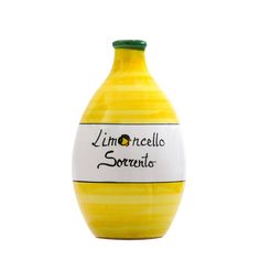 a yellow and white striped vase with the words limoo cerellata on it