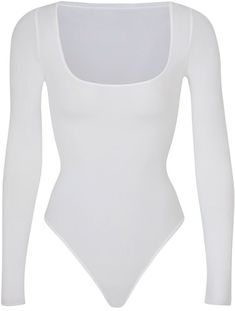 Skim Body Suit, White Bodysuit Outfit, White Body Suit, White Long Sleeve Bodysuit, Bodysuit Tops, Dr Wardrobe, Body Suit Outfits, Sheer Long Sleeve, Stretchy Tops