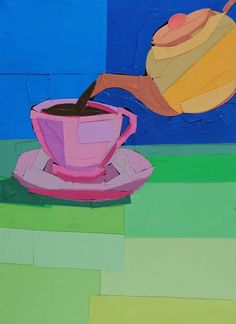 a painting of a teapot pouring coffee into a pink cup on a saucer