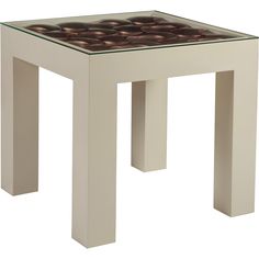 a glass top end table with buttons on it