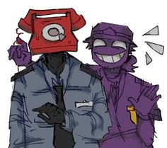 two cartoon characters are standing next to each other, one is wearing a purple jacket and the other has a red phone on his head