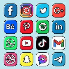 several different colored social icons on a blue background