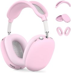 the pink headphones are next to each other on a white surface with ear plugs