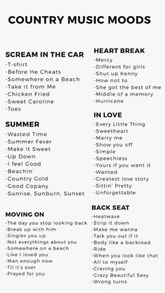 the country music mood sheet is shown in black and white, with words above it