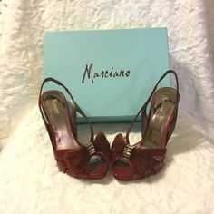 Marciano Dark Red Evening Sandal Shoe. A Feminine Classy Wear Sling Back Sandal. Open Toe With A 4.5" Metallic Light Gold Stiletto Heel. Leather Insole. Leather Outsole. Brand New, Unused & Unworn. With Box And Dust Bag. Dark Red Crocodile Embossed Leather Upper With Feathers & Rhinestones. Dark Red Satin Platform. Red Slingback Sandals For Evening, Formal Open Toe Sandals With Red Sole, Red Pointed Toe Sandals With Leather Sole, Party Leather Sandals With Red Sole, Red Leather Sandals For Party, Party Sandals With Red Sole In Leather, Red Open Toe Formal Sandals, Formal Red Open Toe Sandals, Elegant Red Sandals For Formal Occasions