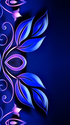 an abstract blue and pink background with swirly leaves on the left side, in shades of purple