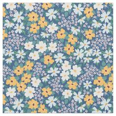 a blue and yellow flowered background with white daisies on the bottom right corner