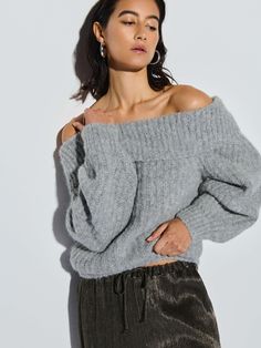 Stay warm and look good doing it in this folded, off-the-shoulder, balloon-sleeve sweater. Style tip: Pair with your favorite denim for that always cool, off-duty look. (This one comes in Dove Gray Heather.) | Women's Serena Sweater Top in Dove Gray Heather | Ethical Essentials Chic Winter Sweater With Blouson Sleeves, Casual Winter Sweater With Blouson Sleeves, Chic Off-shoulder Top For Fall, Chic Off-shoulder Fall Sweater, Chic Off-shoulder Winter Sweater, Chic Cold Shoulder Fall Sweater, Oversized Off-shoulder Fall Sweater, Chic Off-shoulder Cold Shoulder Top For Fall, Chic Oversized Off-shoulder Sweater