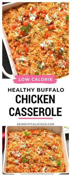 healthy buffalo chicken casserole recipe with text overlay