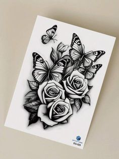 a black and white drawing of roses with butterflies