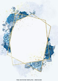 a blue rose and gold frame on a white background