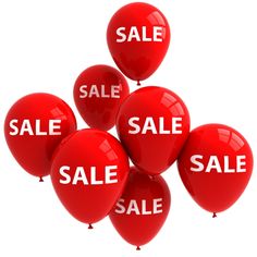 five red balloons with sale signs on them