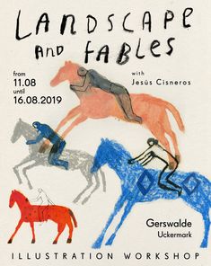 a poster with horses and jockeys on it's back cover for an art show