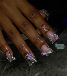 Purple And Silver Nails, Poppin Nails, Acrylic Toe Nails, Acrylic Nail Set, Aesthetic Nails