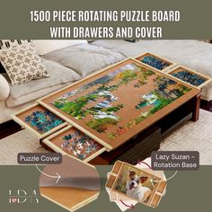 a coffee table with puzzles on it and instructions for how to put them together