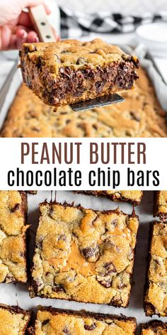 chocolate chip bars with peanut butter in the middle and on top, are being held by a spatula