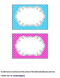 three different colored labels with polka dots on the bottom and one has a white border