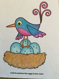 a blue bird sitting on top of an egg in a nest with the words, a bird watches the eggs in her nest