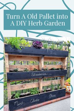 an old pallet into a diy herb garden with text overlay that reads, turn a old pallet into a diy herb garden