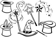 black and white drawing of hats, wands and stars