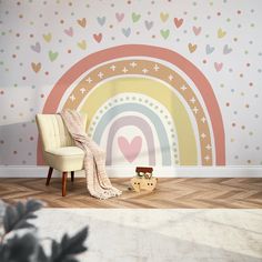 a child's room with a rainbow wallpaper and wooden toys on the floor