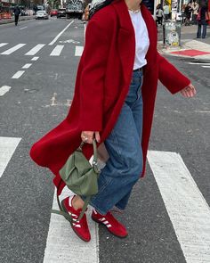 The Red Trainer Trend Keeps Cropping Up on Chic Spring Outfits | Who What Wear UK Red Coat Outfit, Mantel Outfit, Looks Adidas, Adidas Samba Outfit, Trainers Outfit, Samba Outfit, Skandinavian Fashion, Denim On Denim, Looks Street Style