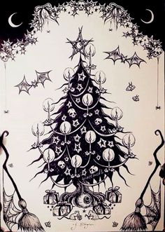 a black and white drawing of a christmas tree with bats on it's sides