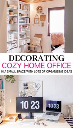 a home office decorated in white and pink with lots of organizing ideas on the desk