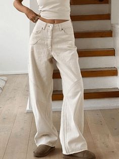 Classic Fit 4 Pocket Boyfriends Jeans Splice Straight Leg Cargo Jeans - AnotherChill Vibe Apartment, Fit Moodboard, Jean Beige, Chique Outfit, Beige Jeans, Jeans Beige, Streetwear Jeans, Slim Style, High Waist Wide Leg Pants