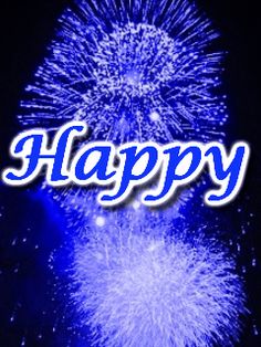 blue fireworks with the words happy on it