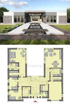 the floor plan for this modern house is very large and has two pools in it