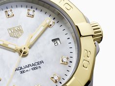 True to the Aquaracer’s iconic design aesthetics, yet stunningly endowed with an 18K 2N gold-plated bezel and diamonds (0.0758 CT). The petite diameter (27mm), gentler case profile and finely worked dial details create superb appeal. Tag Heuer Aquaracer, Design Aesthetics, Tag Heuer, Diamond Watch, Time Piece, Icon Design, Rolex, Diamonds, Band