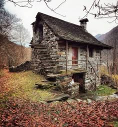 an old log cabin in the woods with leaves on the ground and trees around it