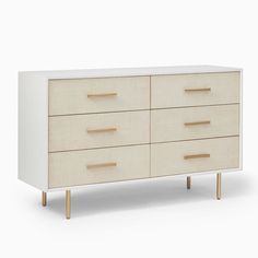 a white dresser with four drawers and two wooden handles on each drawer, against a white background